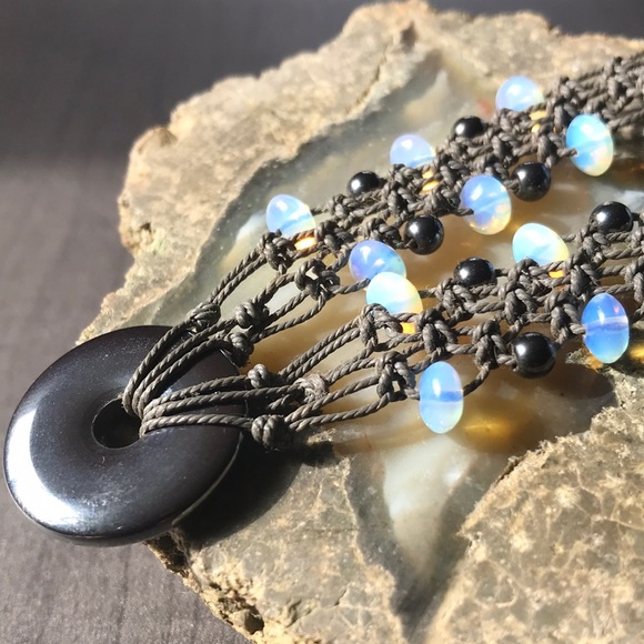 Handmade Macramé Hematite and Opalite Beaded Necklace/Choker - Picture 6 of 9